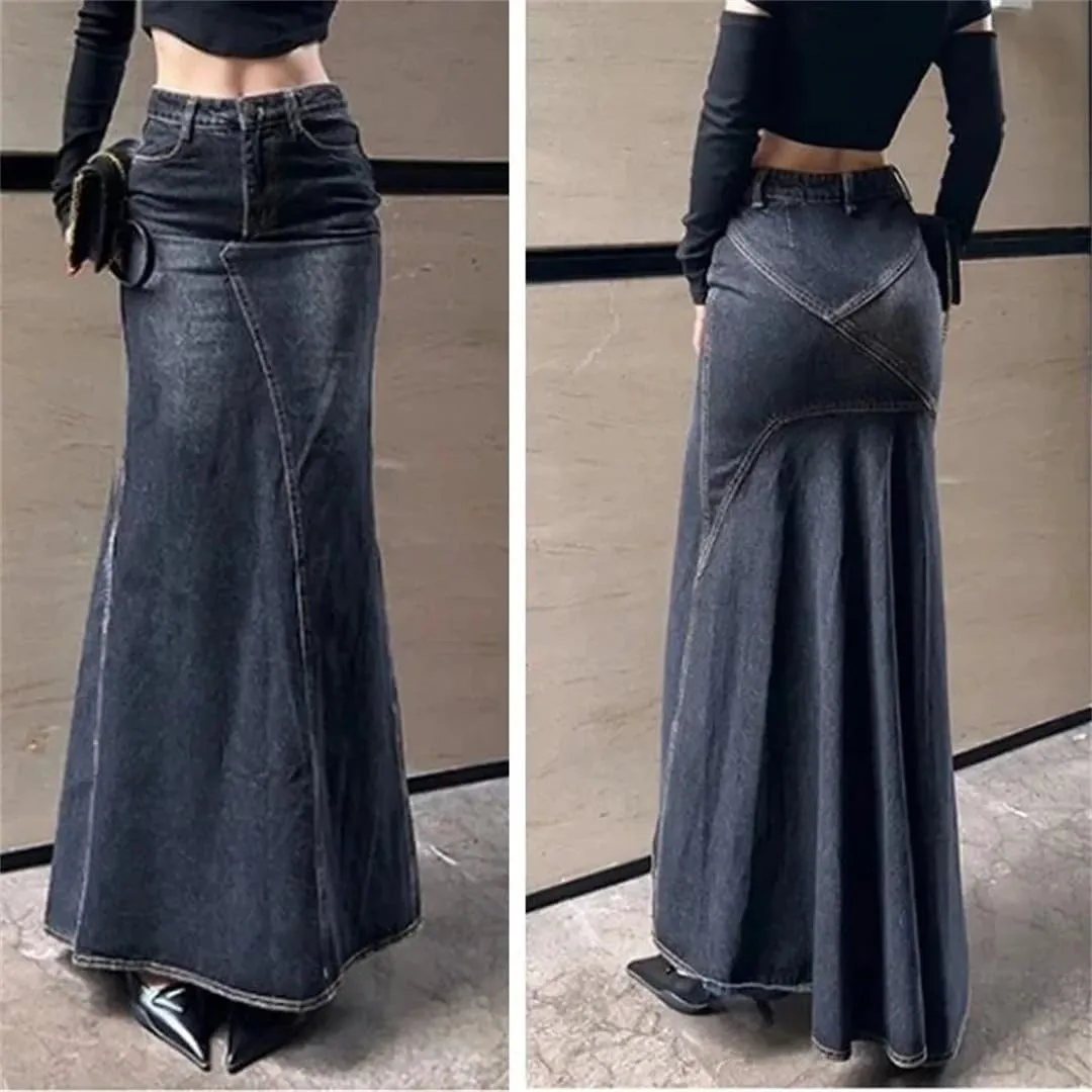 Women's Vintage High-Waisted Denim Skirt Hip-Hugging Long Skirt Split-Line Flared Skirt