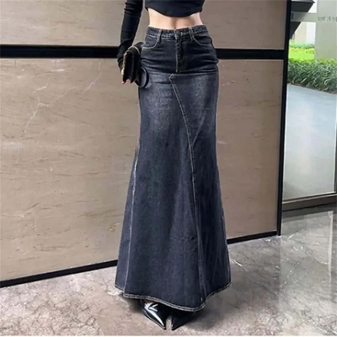 Women's Vintage High-Waisted Denim Skirt Hip-Hugging Long Skirt Split-Line Flared Skirt