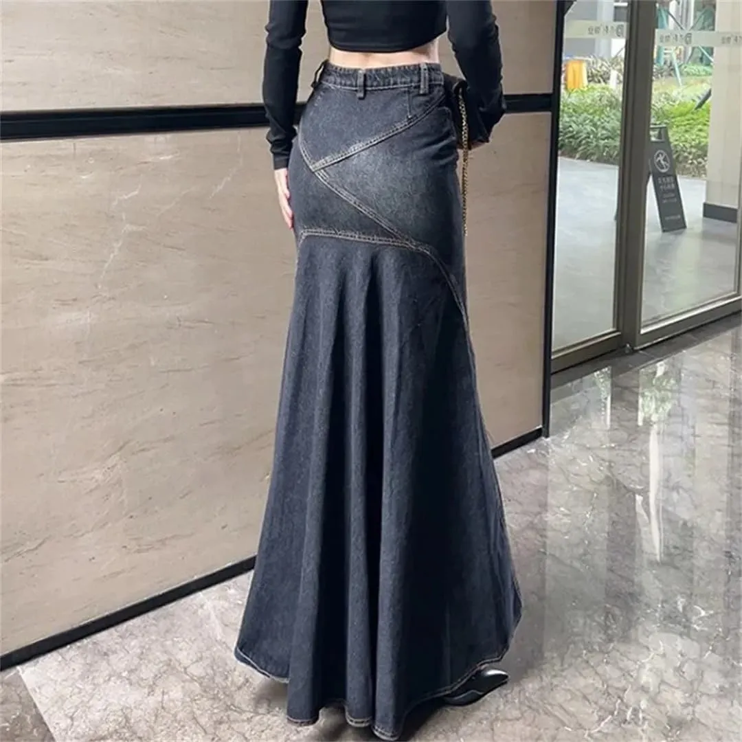 Women's Vintage High-Waisted Denim Skirt Hip-Hugging Long Skirt Split-Line Flared Skirt