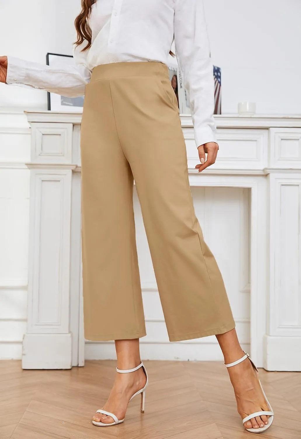 Women's Wide Leg Capri Pants Work Cropped Pants Casual Summer Capris High Waisted Crop Palazzo