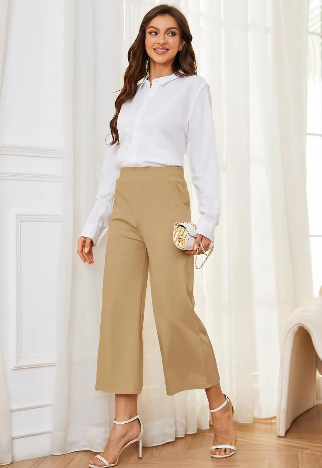 Women's Wide Leg Capri Pants Work Cropped Pants Casual Summer Capris High Waisted Crop Palazzo
