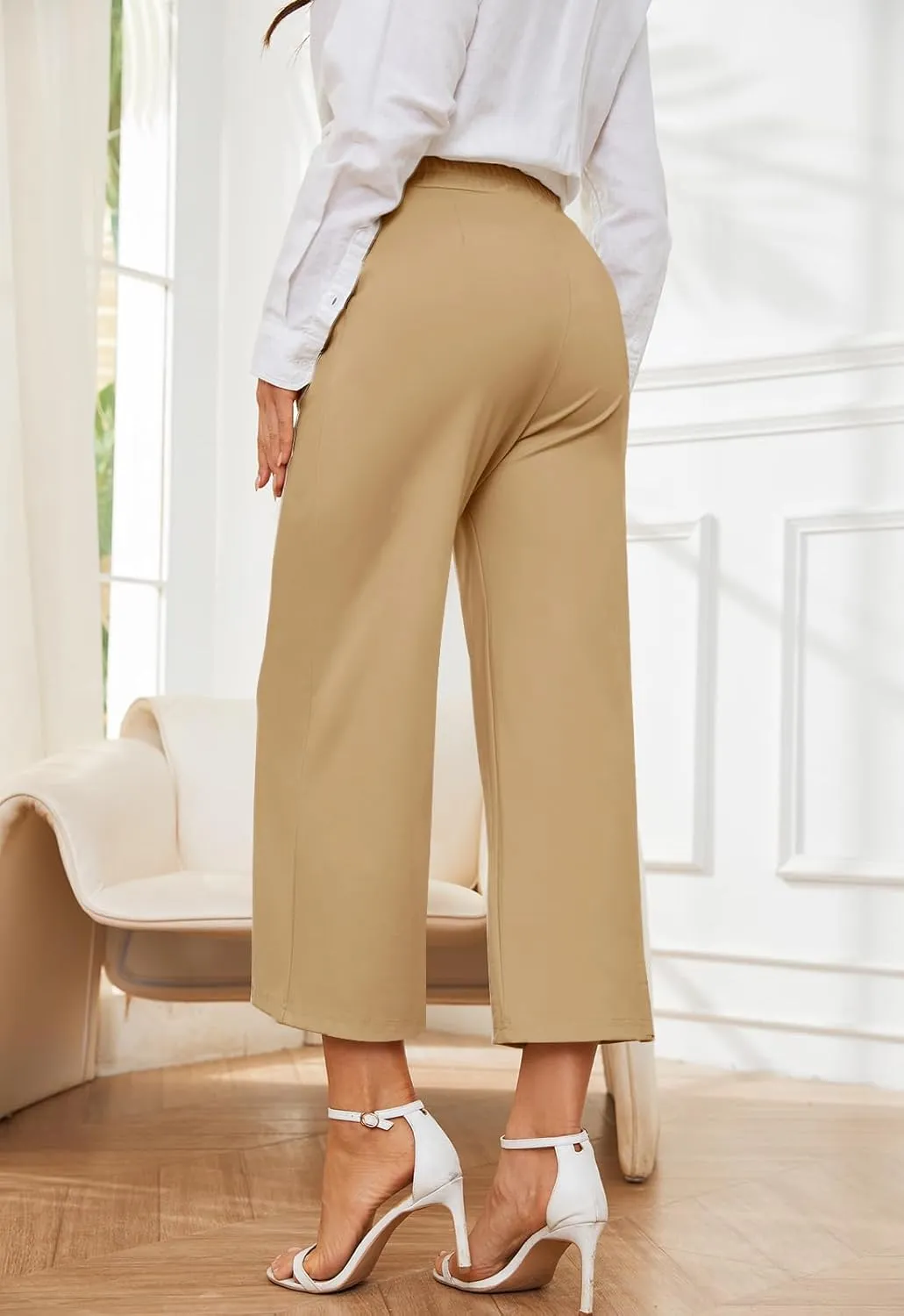 Women's Wide Leg Capri Pants Work Cropped Pants Casual Summer Capris High Waisted Crop Palazzo