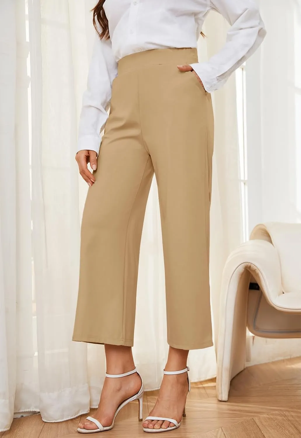 Women's Wide Leg Capri Pants Work Cropped Pants Casual Summer Capris High Waisted Crop Palazzo