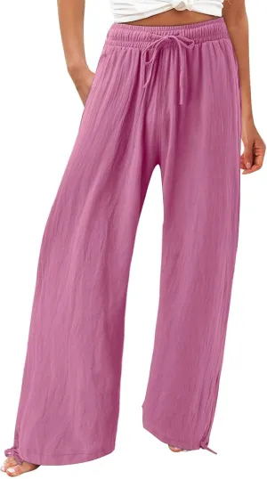 Womens Wide Leg Linen Pants Summer High Waist Cotton Palazzo Trousers Lounge Flowy Boho Slacks Beach Travel Outfits