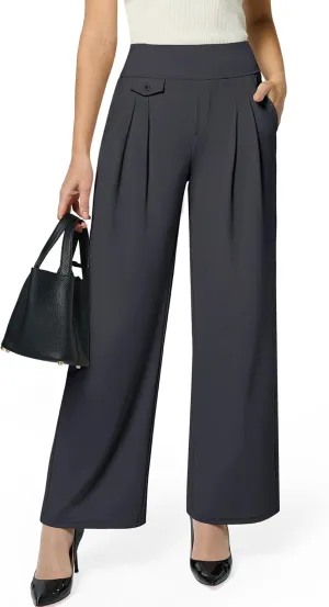 Womens Wide Leg Pants Pull On High Waist Stretch Dress Business Casual Yoga Work Pants with 5 Pockets