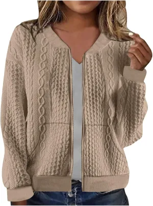 Women's Zip Up Cardigan Sweater Cable Knit Jacket Long Sleeve Sweatshirt Solid Loose Comfy Outwear Coat with Pockets