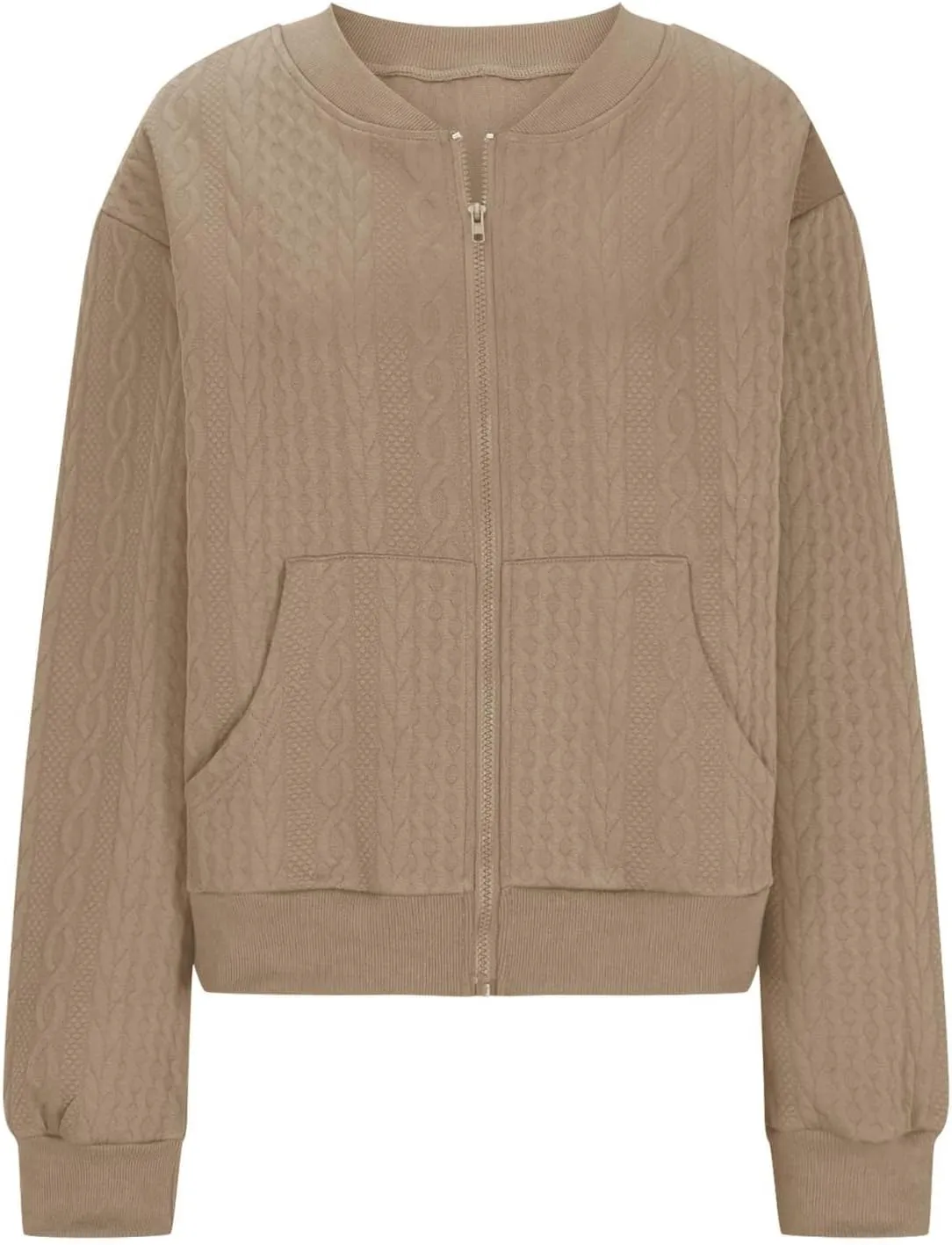 Women's Zip Up Cardigan Sweater Cable Knit Jacket Long Sleeve Sweatshirt Solid Loose Comfy Outwear Coat with Pockets