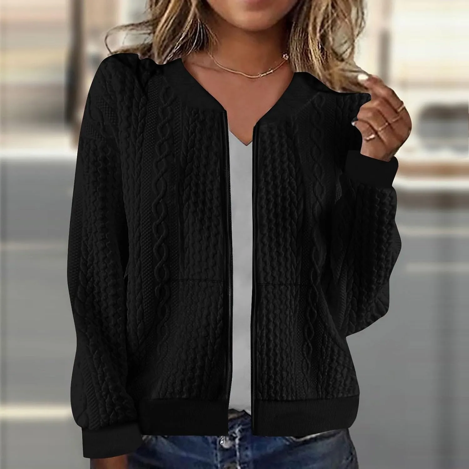 Women's Zip Up Cardigan Sweater Cable Knit Jacket Long Sleeve Sweatshirt Solid Loose Comfy Outwear Coat with Pockets