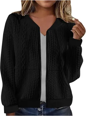 Women's Zip Up Cardigan Sweater Cable Knit Jacket Long Sleeve Sweatshirt Solid Loose Comfy Outwear Coat with Pockets