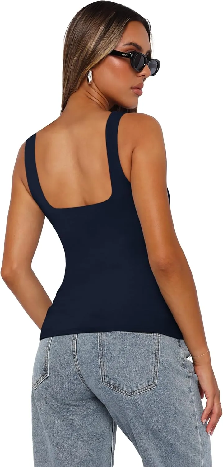 XIEERDUO Womens Square Neck Fitted Tank Tops Double Layer Seamless Slim Fit Shirts 2025 Basic Spring Summer