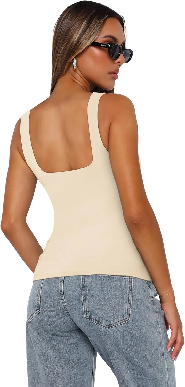 XIEERDUO Womens Square Neck Fitted Tank Tops Double Layer Seamless Slim Fit Shirts 2025 Basic Spring Summer