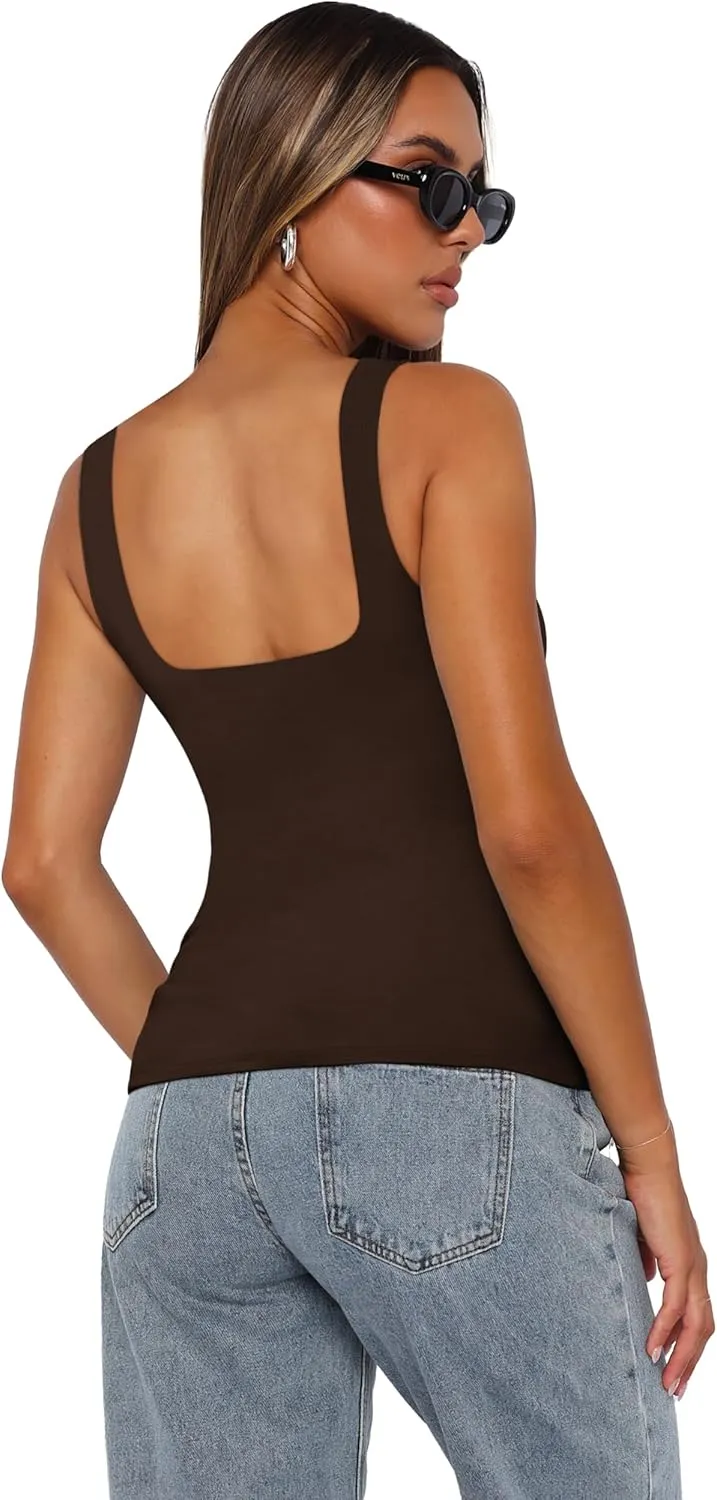 XIEERDUO Womens Square Neck Fitted Tank Tops Double Layer Seamless Slim Fit Shirts 2025 Basic Spring Summer