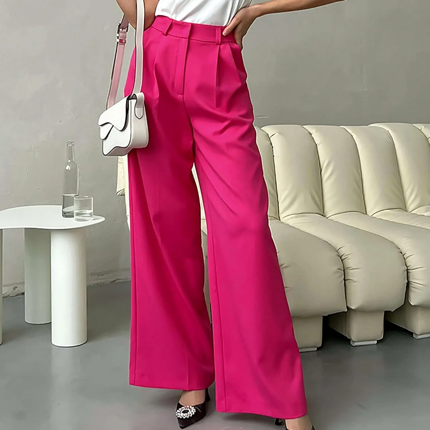 Y2k Dress Pants for Women Straight Elastic Scrub Pants Wide Leg High Waist Trousers Lounge Suit Pant for Work