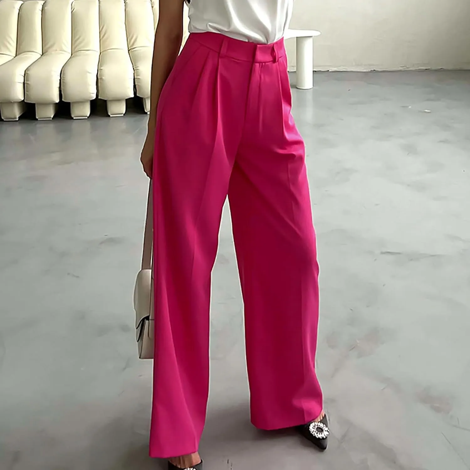 Y2k Dress Pants for Women Straight Elastic Scrub Pants Wide Leg High Waist Trousers Lounge Suit Pant for Work