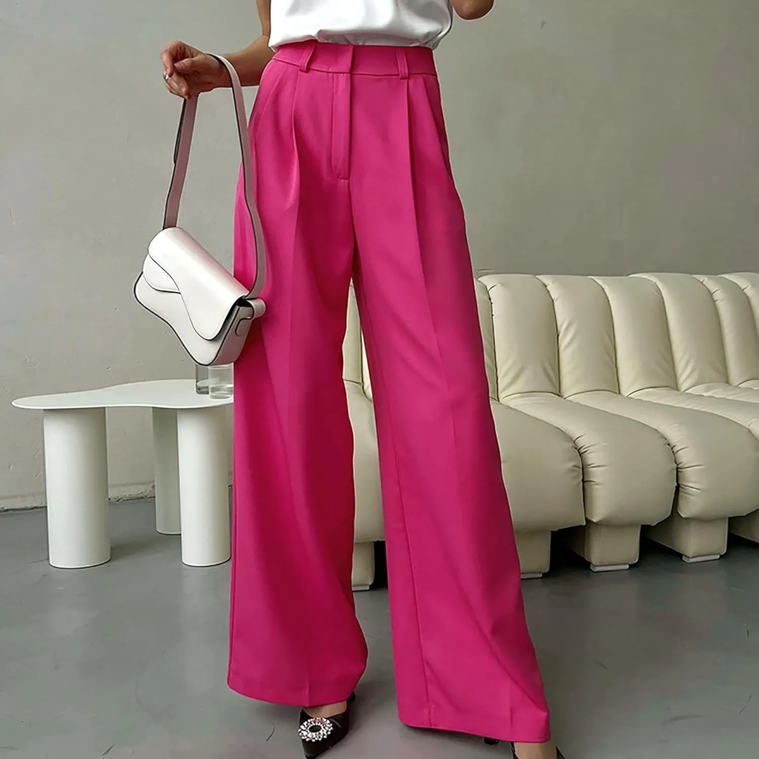 Y2k Dress Pants for Women Straight Elastic Scrub Pants Wide Leg High Waist Trousers Lounge Suit Pant for Work