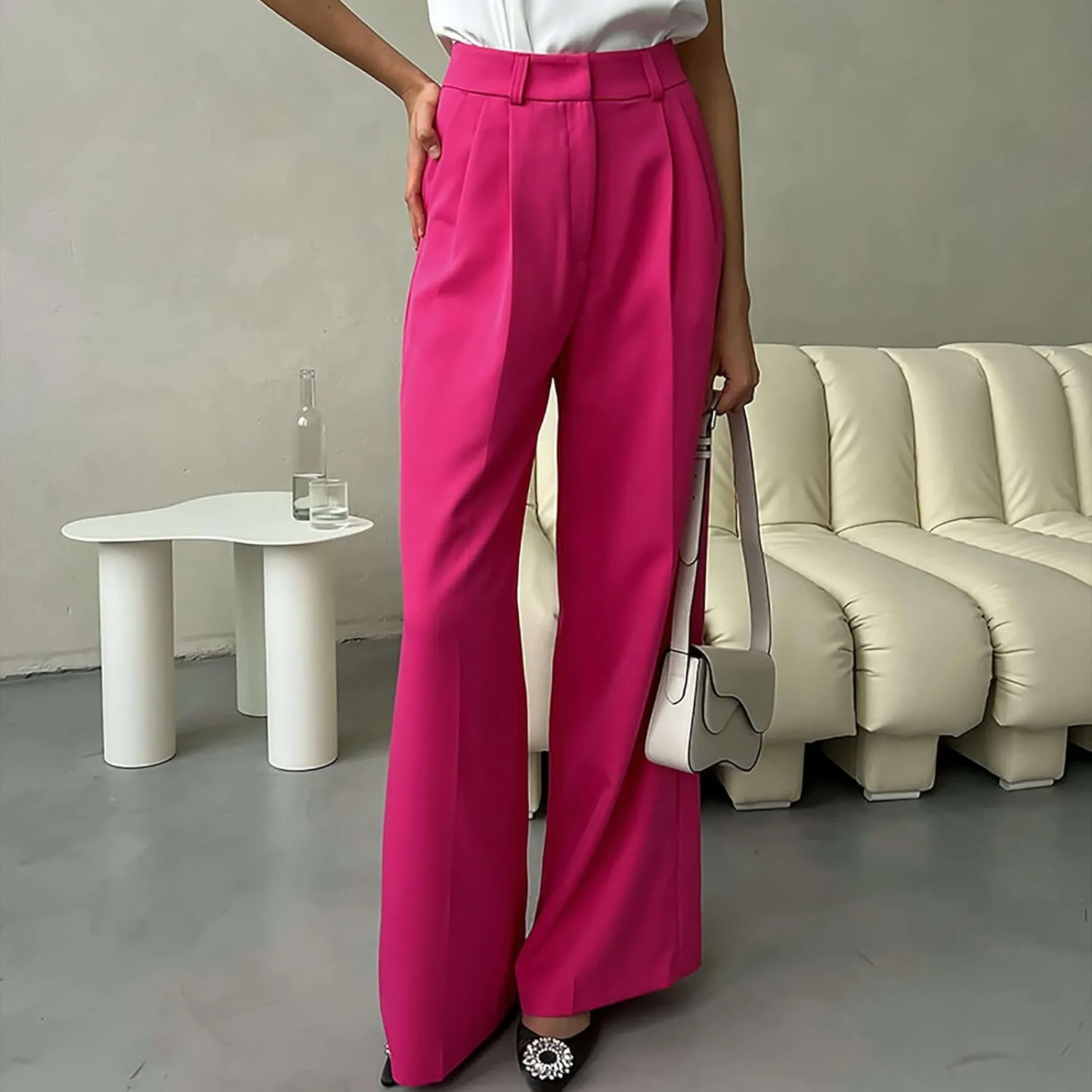 Y2k Dress Pants for Women Straight Elastic Scrub Pants Wide Leg High Waist Trousers Lounge Suit Pant for Work