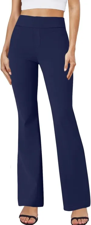 ZEFOTIM Flare Pants for Women Elastic Waist High Waisted Trouser Solid Color Curvy Trousers with Pocket