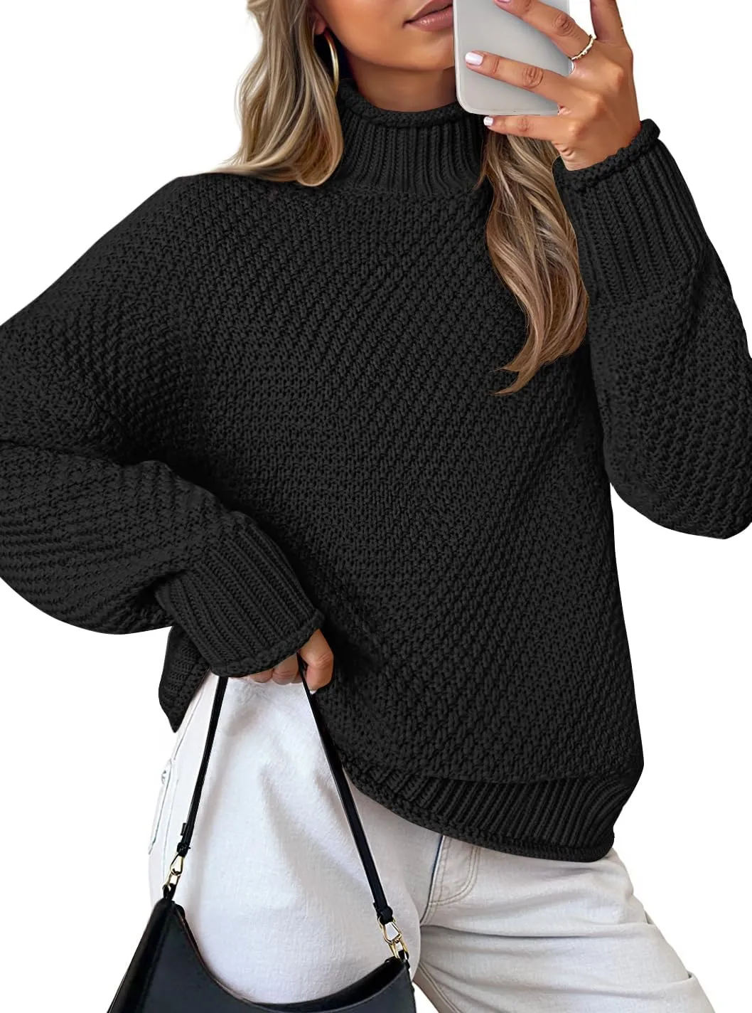 ZESICA Women's Turtleneck Batwing Sleeve Loose Oversized Chunky Knitted Pullover Sweater Jumper Tops