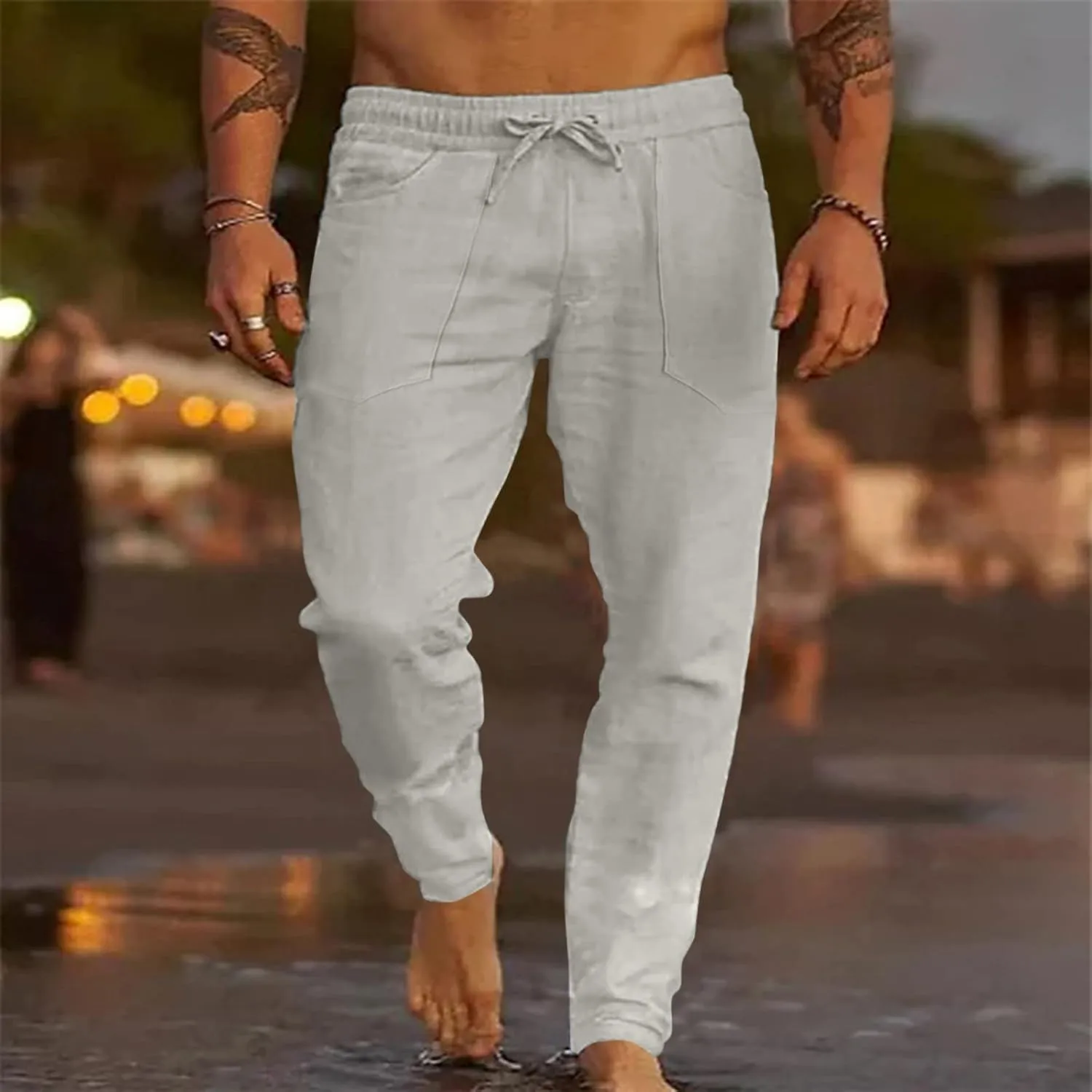 ZYXTIM Cotton Linen Casual Pants for Men Lightweight Cool Dry Summer Beach Trousers Elastic Waist Sport Cycling Yoga Pants