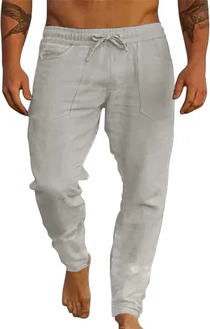 ZYXTIM Cotton Linen Casual Pants for Men Lightweight Cool Dry Summer Beach Trousers Elastic Waist Sport Cycling Yoga Pants