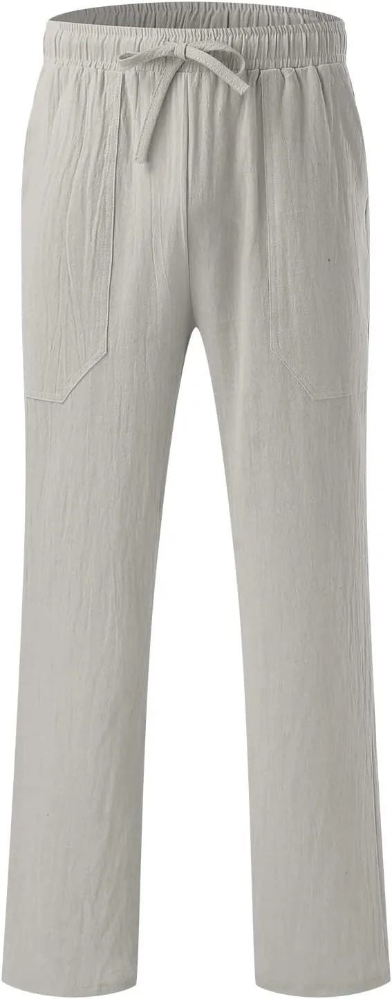 ZYXTIM Cotton Linen Casual Pants for Men Lightweight Cool Dry Summer Beach Trousers Elastic Waist Sport Cycling Yoga Pants